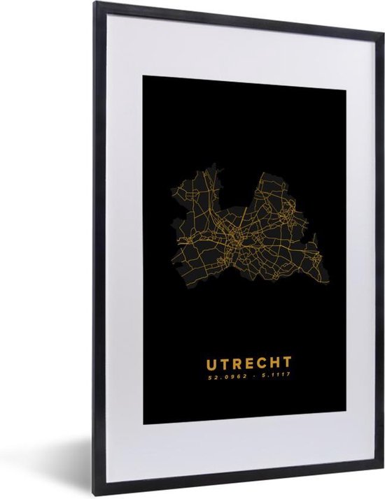 Fotolijst incl. Poster - Utrecht - Kaart - Goud - Zwart - 40x60 cm - Posterlijst