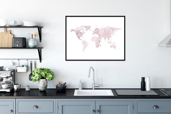 Affiche avec cadre Wereldkaart - Rose - Marbre - 80x60 cm