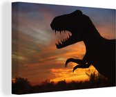 Canvas schilderij 150x100 cm - Wanddecoratie Silhouet - Dinosaurus - Zon - Muurdecoratie woonkamer - Slaapkamer decoratie - Kamer accessoires - Schilderijen