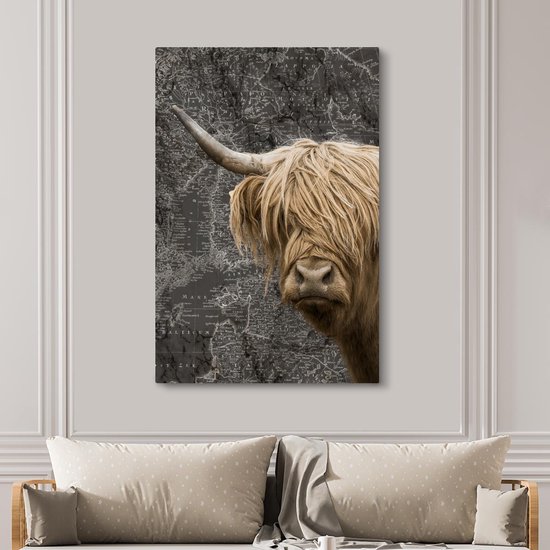 Décoration murale - Highlander écossais - Vaches - Carte du Wereldkaart - Peinture sur toile - 120x180 cm