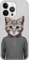 iPhone 13 Pro hoesje siliconen - Kat schattig - Soft Case Telefoonhoesje - Kat - Transparant, Grijs