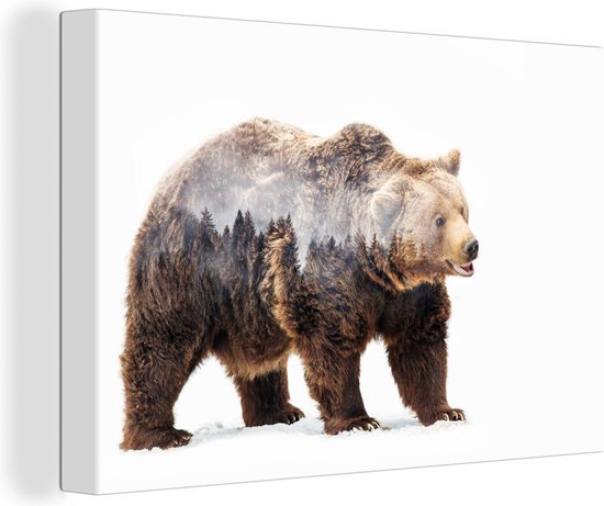 Canvas Schilderij Multi exposure van een beer en een bos - 60x40 cm - Wanddecoratie
