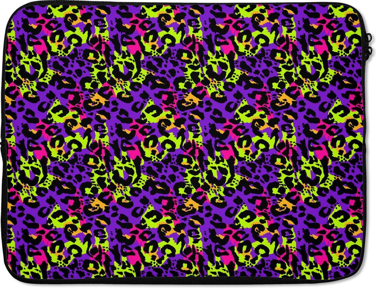 Laptophoes 15.6 inch - Dierenprint - Panter - Neon - Laptop sleeve - Binnenmaat 37x26 cm - Zwarte achterkant