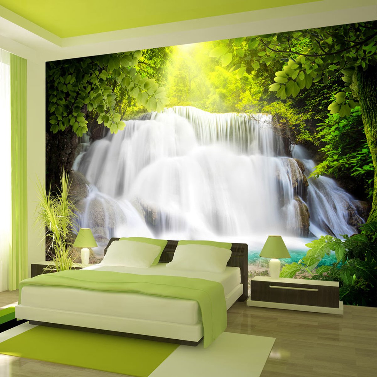 294cm X 210cm - Zelfklevend fotobehang - Waterval in een bos , Premium Print