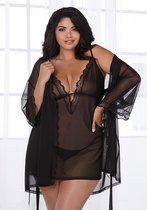 Stretch Mesh Chemise & Robe Set - Black - Maat 1XL