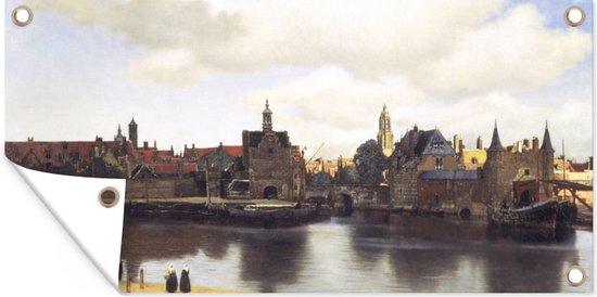 Tuinposter View of Delft - Johannes Vermeer - 80x40 cm - Wanddecoratie Buiten - Tuinposter - Tuindoek - Schuttingposter - Tuinschilderij
