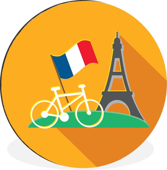 WallCircle - Wandcirkel - Muurcirkel - Een illustratie Eiffeltoren met vlag en fiets - Aluminium - Dibond - ⌀ 60 cm - Binnen en Buiten