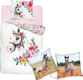 Dekbedovertrek Wit Paard bloemenkrans- 1 persoons- katoen- 140x200- Horse- dekbed meisjes- slaapkamer, incl. sierkussen Veulen 40x40 cm