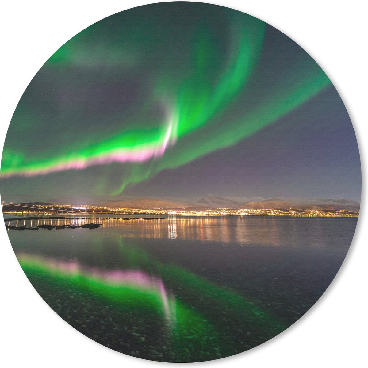 Muismat rond 20x20 cm - Mousepad Noorderlicht - Nacht - Roze - Ronde muismatten