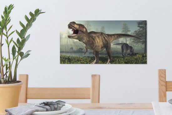 Toile Peinture Dino - Herbe - Dessin - 40x20 cm - Décoration murale