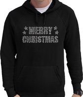 Glitter foute kersttrui met capuchon zwart Merry Christmas glitter steentjes/ rhinestones voor heren - Hoodies - Glitter kerstkleding/ outfit 2XL