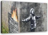 Trend24 - Canvas Schilderij - Boy Port Talbot Banksy Mural - Schilderijen - Reproducties - 90x60x2 cm - Zwart