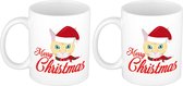 Set van 2x stuks cadeau kerstmokken Merry Christmas met kat - 300 ml - koffiemokken - Kerstmis - Kerstcadeau kattenliefhebbers