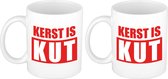 Set van 2x stuks cadeau kerstmokken kerst is kut - 300 ml - rood / wit - keramiek - koffiemokken / theebekers - Kerstmis - kersthater