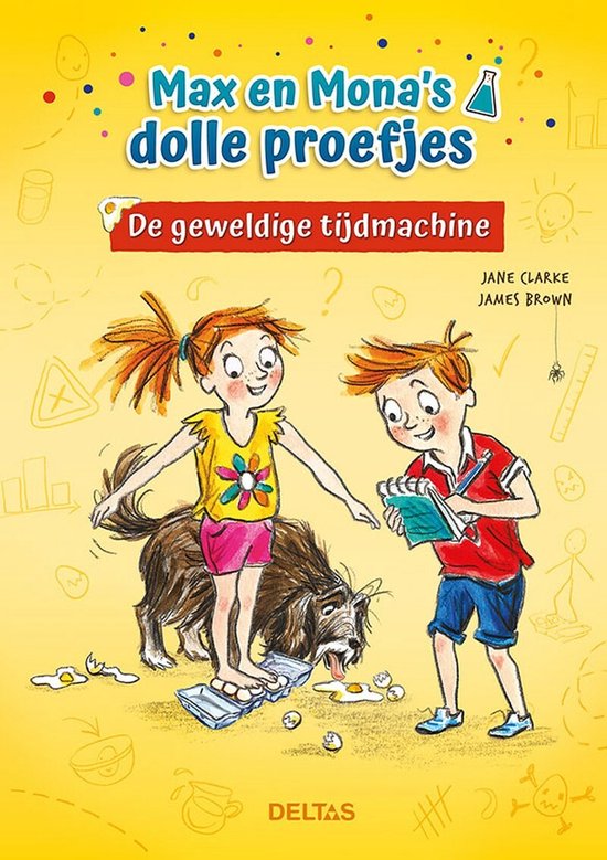 Max en Mona's dolle proefjes: De geweldige tijdsmachine. Illustratie van twee kinderen en een hond, met proefjes.