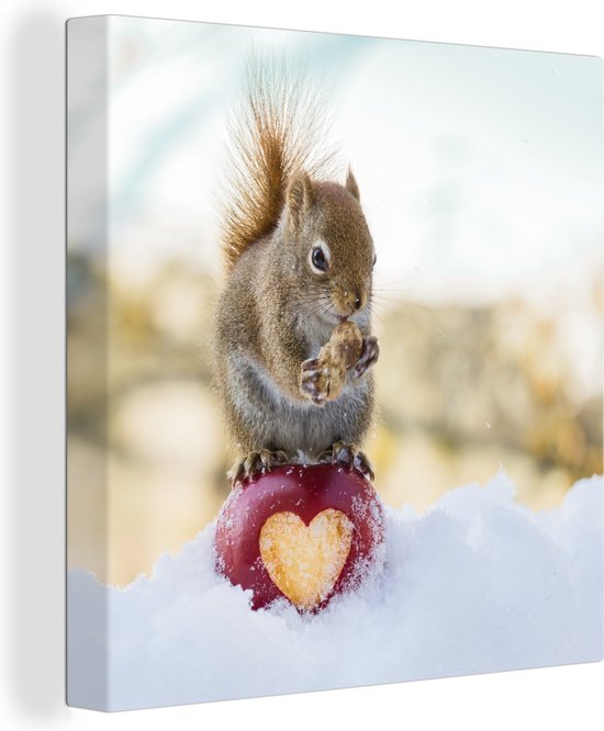 Tableau sur toile Écureuil sur pomme avec un coeur manquant - 50x50 cm - Décoration murale