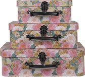 Clayre & Eef Decoratie koffer Set van 3 30x22x10 cm Roze Groen Karton Bloemen Opbergkoffer