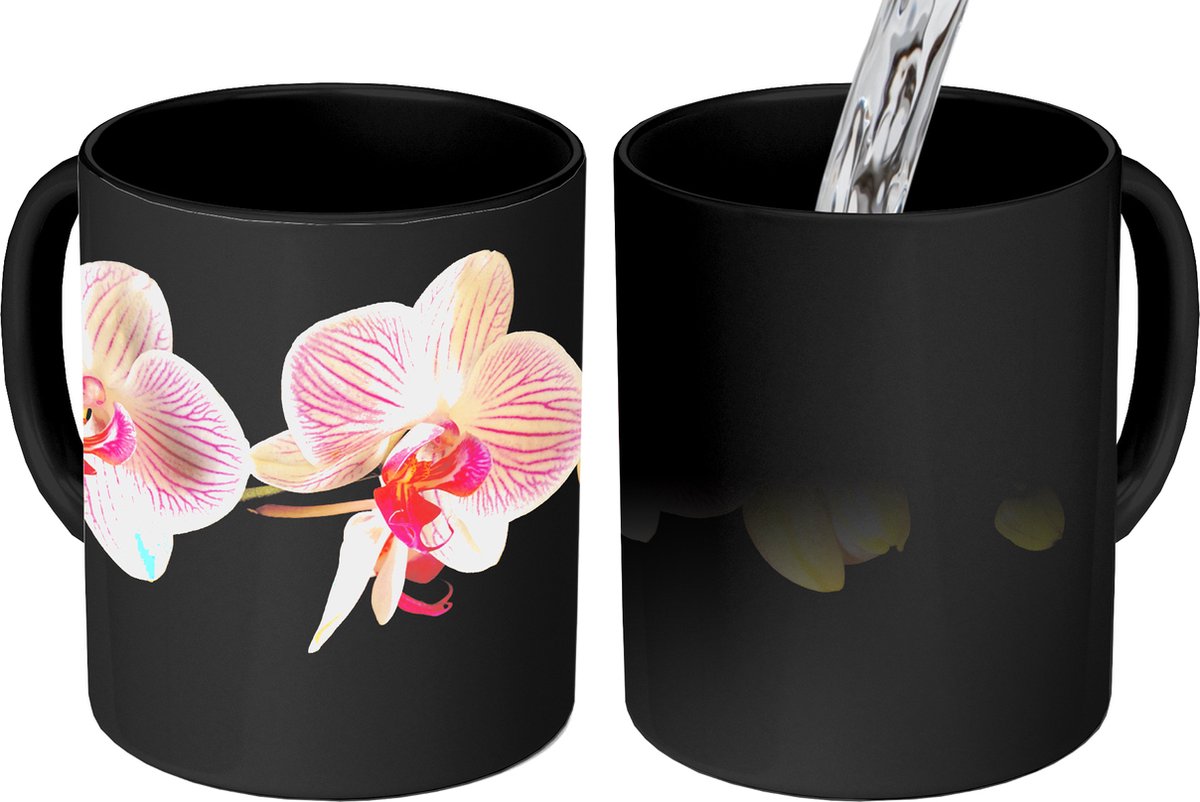 Magische Mok - Foto op Warmte Mokken - Koffiemok - Orchidee - Bloemen - Zwart - Roze - Knoppen - Magic Mok - Beker - 350 ML - Theemok