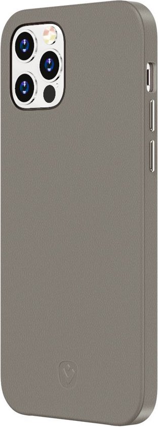 Étui de téléphone gris texturé avec découpe pour objectif.