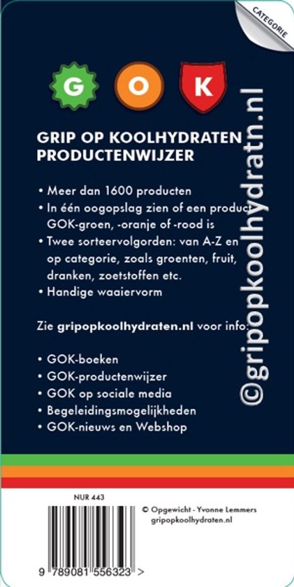 Donkerblauwe kaart met 'Grip Op Koolhydraten Productenwijzer' en de letters GOK. Lijst met producten en website.