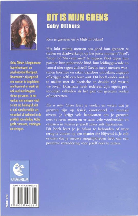 Boek 'Dit is mijn grens' van Gaby Olthuis. Achterkant met foto, titel en tekst.