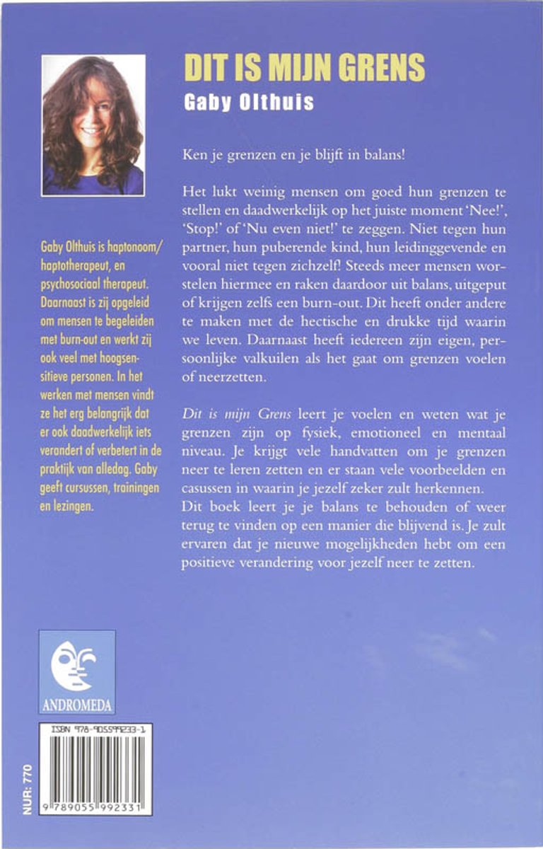 Boek 'Dit is mijn grens' van Gaby Olthuis. Achterkant met foto, titel en tekst.
