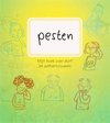 Boekomslag "Pesten: Mijn boek over durf en zelfvertrouwen" met schetsmatige tekeningen van kinderen.