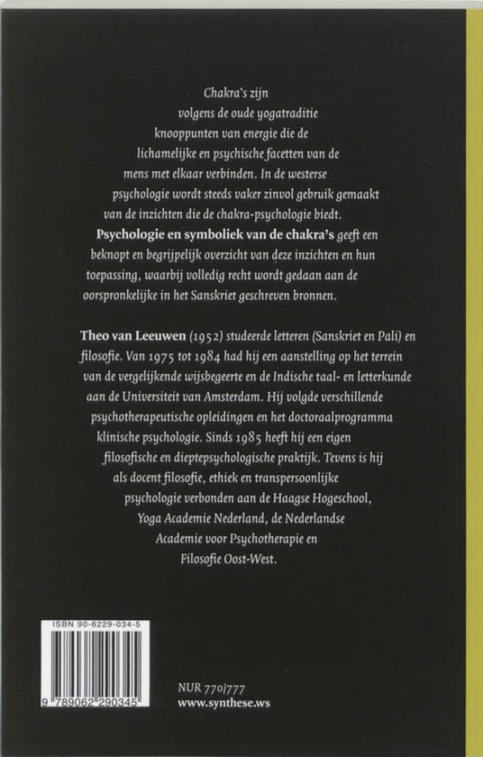 Boekrug met tekst in het Nederlands over psychologie en symboliek van de chakra's.