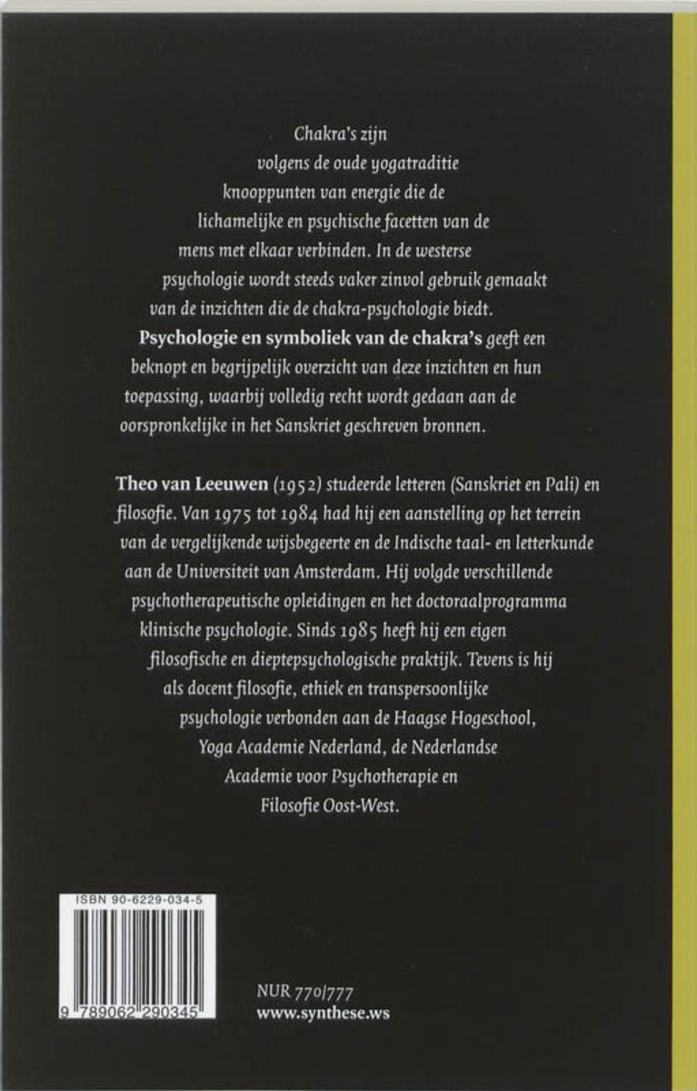 Boekrug met tekst in het Nederlands over psychologie en symboliek van de chakra's.