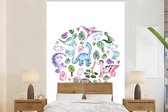 Behang meisjeskamer - Fotobehang Dinosaurus - Patroon - Kinderkamer - Meisjes - Kinderen - Roze - Kindje - Breedte 195 cm x hoogte 300 cm - Kinderbehang