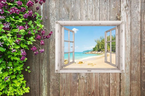 Tuinposter 80x60 cm - Tuindecoratie Doorkijk - Strand - Zand - Poster voor in de tuin - Buiten decoratie - Schutting tuinschilderij - Tuindoek muurdecoratie - Wanddecoratie balkondoek