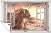 Tuinposter Schotse hooglander - Doorkijk - Zonsondergang - 90x60 cm - Tuindoek - Buitenposter