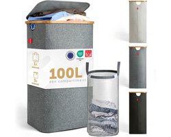 Blumtal Wasmand 100L - Wasmand met uitneembare waszak - Smalle wasmand - Flesverzamelaar - Wasmand met deksel - Grijs