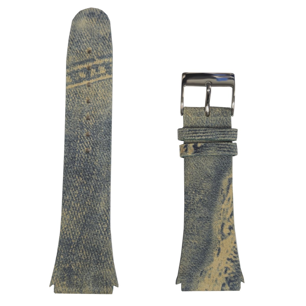 Horlogeband - 24mm, 22mm aanzet - Echt leer in denim print - Roetsvrijstalen gesp