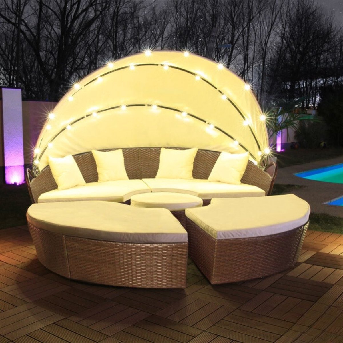 Elfida - Polyrattan Lounge eiland - 210cm - Met Solar LED verlichting - Inclusief kussens - UV bestendig - Bruin