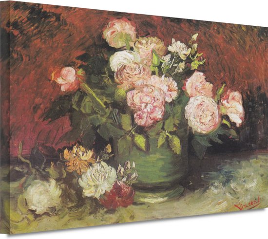 Bol avec pivoines et roses - Tableau Vincent van Gogh - Portrait de Fleurs - Peintures toile Nature - Décoration murale moderne - Toile cuisine - Art mural 150x100 cm