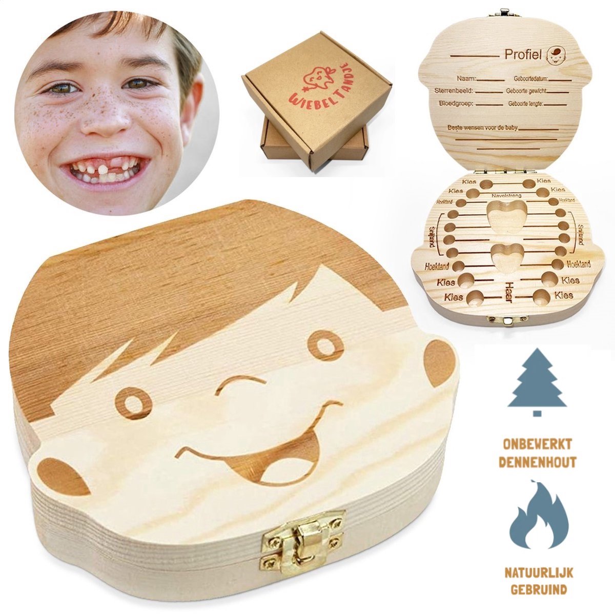 Goedkoopste WiebelTandje Tandendoosje Jongen Hout Nederlands met Geschenkdoos – Houten Tandendoosje - Melktanden Bewaardoosje Voor Kinderen – Haarlokdoosje Hout – Kraamcadeau – Baby Geboorte Cadeau
