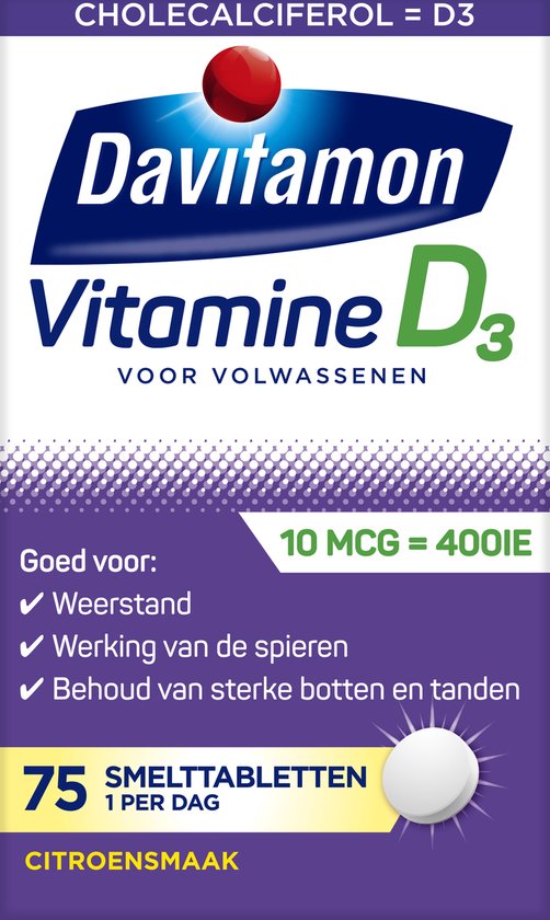 Davitamon Vitamine D3 voor volwassenen. Goed voor weerstand, spieren en botten. 10mcg/400IE. 75 smelttabletten citroensmaak.