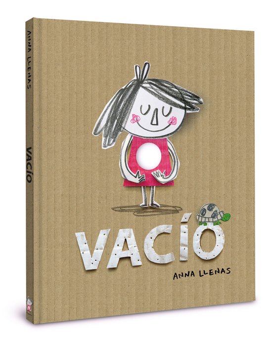 Boek met de titel 'Vacio', met een getekend meisje in een roze jurk en een schildpad op kartonnen kaft.