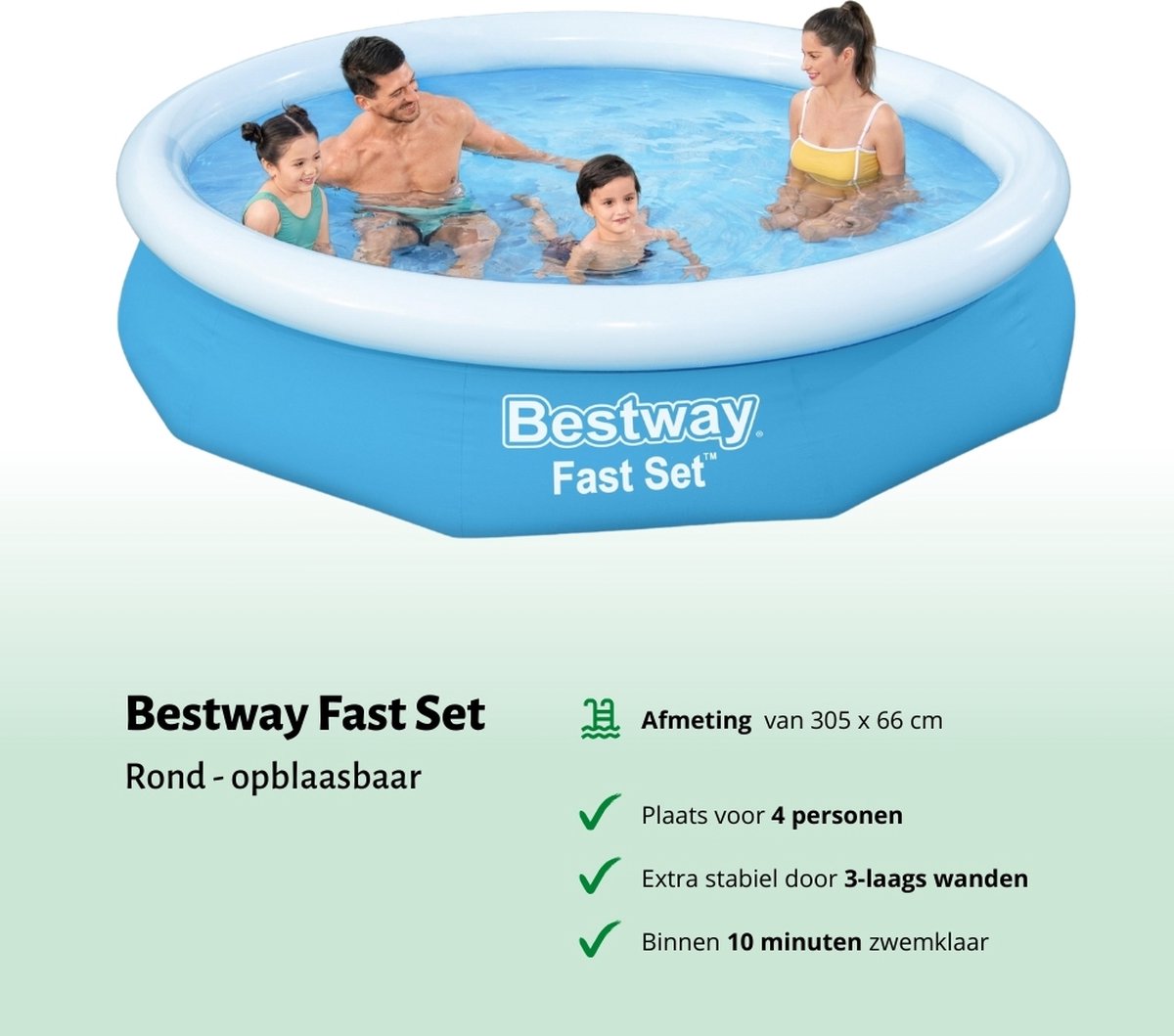Bestway Rond Opblaasbaar Fast Set Zwembad - 305 x 66 cm - Blauw - Inclusief Pomp Afdekzeil - Onderhoudspakket - Filter - Schoonmaakset – foto 2