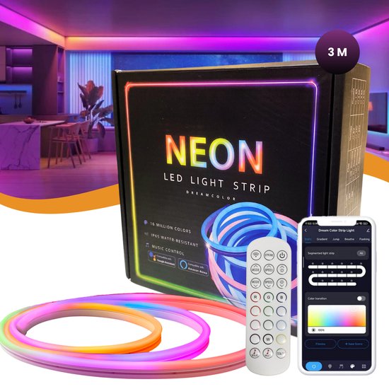 Brakel & Zwaan® RGBIC Led strip 3 meter - Neon led lamp - Neon wandlamp - Smart led light strip - Neon verlichting - Smart led strip - Gaming Accesoires - Led verlichting - Lichtstrip - Neon led strip buiten - Google Home - Alexa