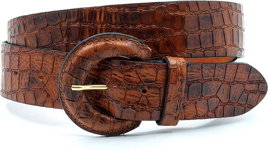 Thimbly Belts Dames riem cognac croco - dames riem - 4 cm breed - Cognac - Echt Leer - Taille: 95cm - Totale lengte riem: 110cm