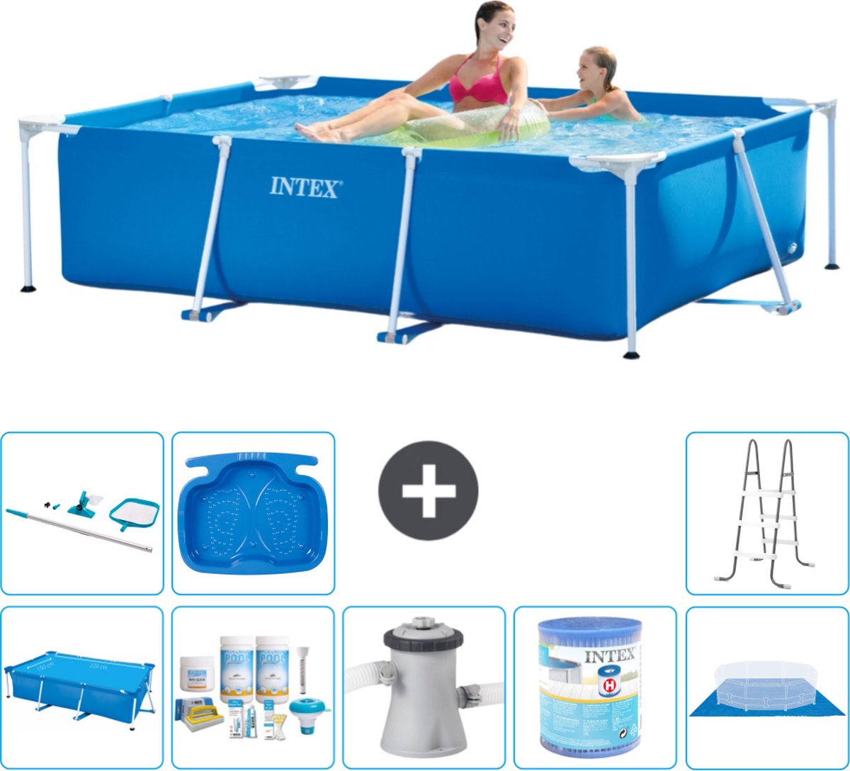 Intex Frame Pool Intex Rechthoekig Frame Zwembad 220 x 150 x 60 cm Blauw Inclusief Solarzeil Onderhoudspakket Zwembadfilterpomp Filter Grondzeil Schoonmaakset Ladder Voetenbad