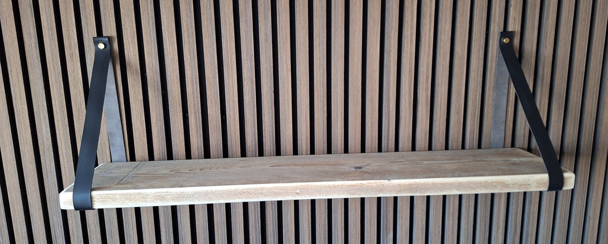 Hoexs - Steigerhouten Wandplank - 70 Cm - Leren Plankdragers Zwart - Inclusief Luxe Bevestigingsmateriaal - Vintage Plank- Boekenrek