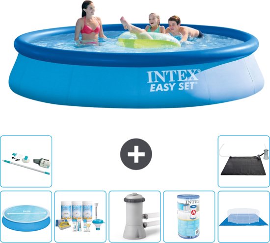 Intex Rond Opblaasbaar Easy Set Zwembad - 396 x 84 cm - Blauw - Inclusief Solarzeil - Onderhoudspakket - Zwembadfilterpomp - Filter - Grondzeil - Stofzuiger - Solar Mat