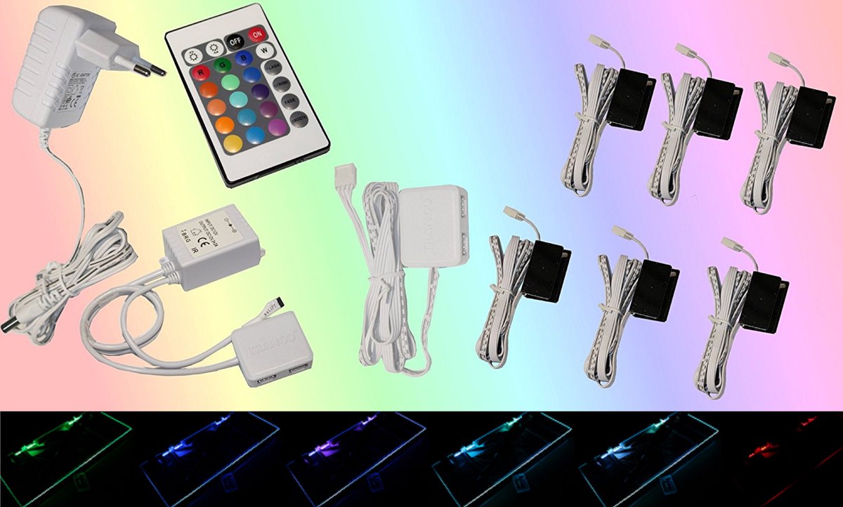 Trango Set van 6 RGB Kleur Veranderende LED Glazen Randverlichting 5022-06 incl. Afstandsbediening Kastverlichting I Glazen Vloerverlichting I Vitrine Verlichting I LED Clips I Meubelverlichting