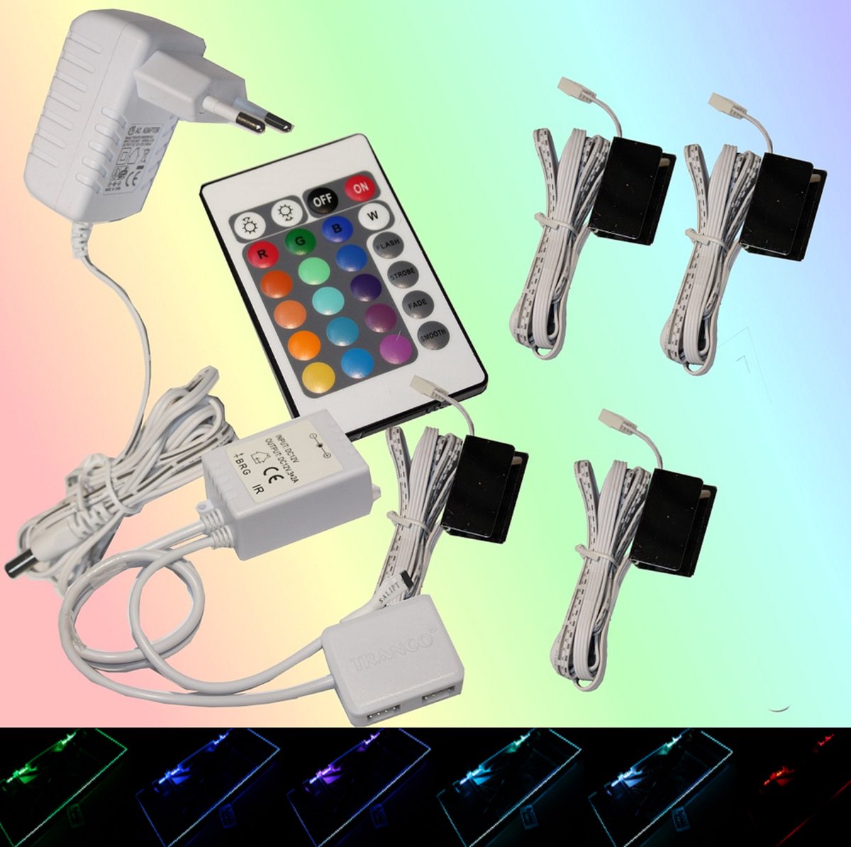Trango Set van 4 RGB Kleur Veranderende LED Glazen Randverlichting 5022-04 incl. Afstandsbediening Kastverlichting I Glazen Vloerverlichting I Vitrine Verlichting I LED Clips I Meubelverlichting