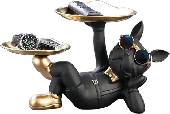 Statue de bouledogue français – Porte-clés – Bougeoir – Plateau à Bijoux – Zwart – Goud – Décoration d'intérieur – Mobilier exclusif – Sculpture Animaux – Lunettes de soleil incluses