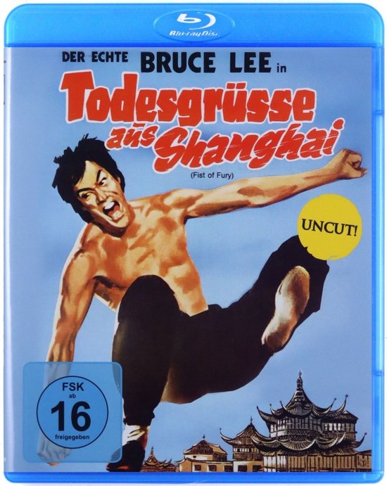 Bruce Lee springt in de lucht in een vechtsportpose op de voorkant van de "Todesgrüsse aus Shanghai" Blu-ray.