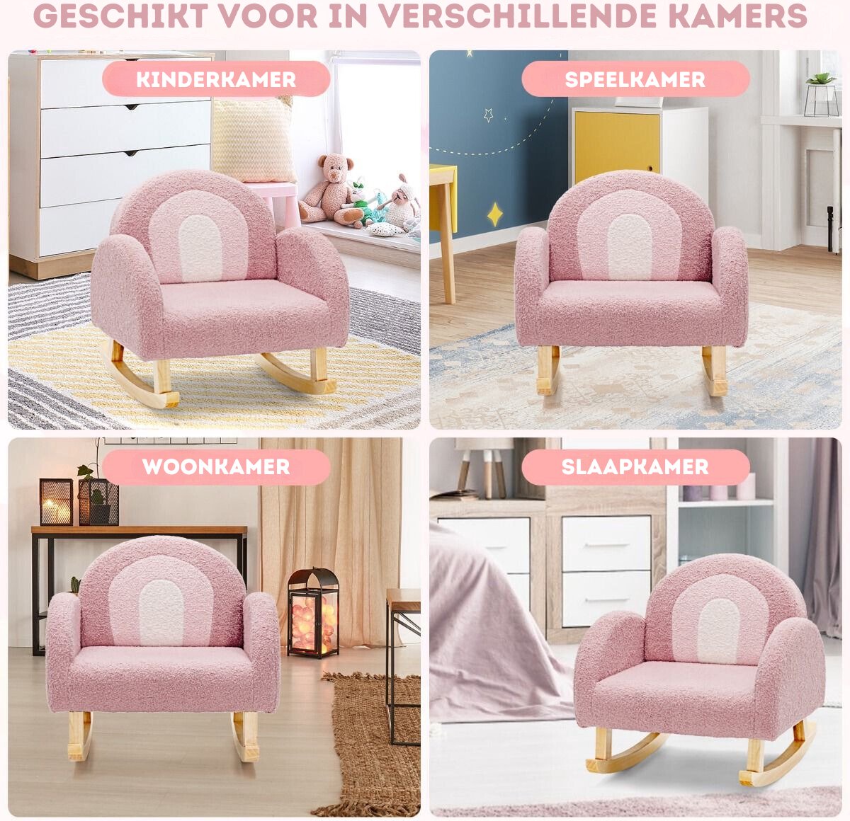 Trendmix Kinderschommelstoel Teddy Roze – Ergonomisch – Voor Kind 3-5 Jaar – Houten Schommelstoel – 50,8 × 49,5 × 50,8 cm — afbeelding 8